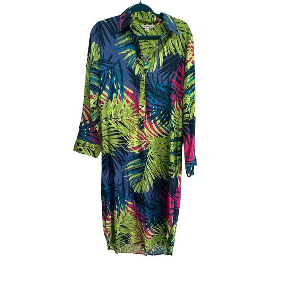 La Mer Luxe Women's Multicolor Palm Print Button Up Shirt Dress Size Large - Picture 2 of 7
